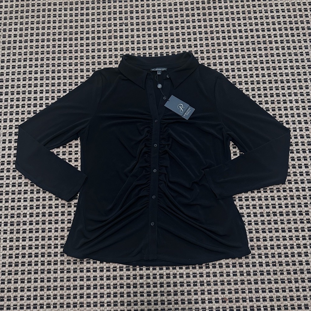 Adrianna Papell Black Ruched Button-Down Collared Top Women’s Large NWT